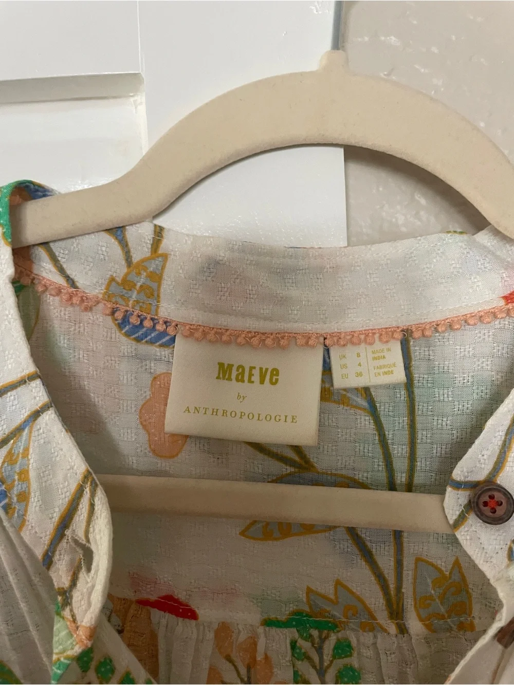 Anthropologie Cream Floral Button Blouse with Green & Red Accents